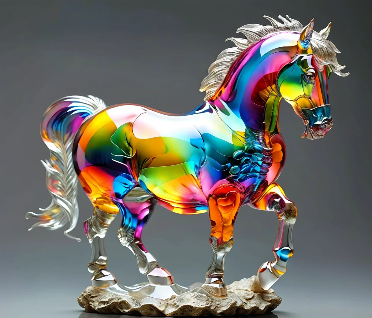 gl4ssj3m, (chubby, male, horse), transparent glass sculpture, vibrant colors, done by artists such as Ruan Jia, hires textures, highly detailed, intricate details, best quality, photorealism, masterpiece, (((grey background))), detailxl