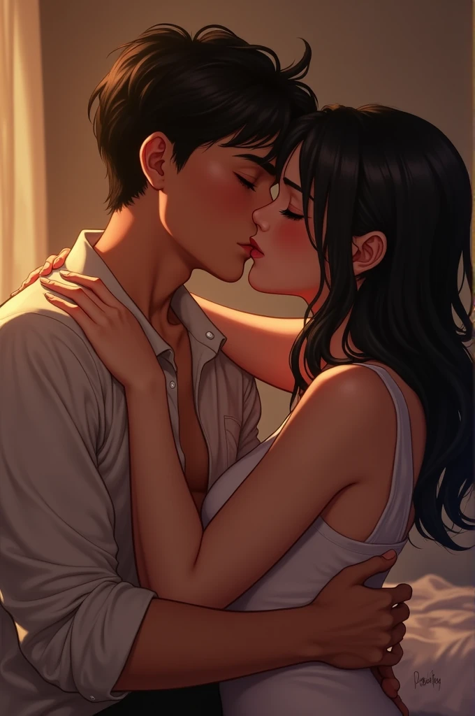 Girl with big breasts kissing her boyfriend in anime with elegant and sensual clothes