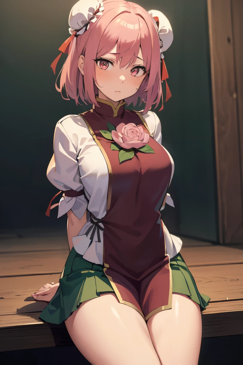 masutepiece, Best Quality, Kasen, Ibaraki, 1girl in, Solo, Double bun,  Pink hair,Short hair,Pink eyes, Flower Tabad,Bandage arm,bow ribbon, Green skirt,  Short sleeves, Puffy sleeves, chinese clothes, Shackles, chain, Shirt, (Best Quality, masutepiece:1.2), 超A high resolution, (((((hands tied behind))))), (((arms behind back))), ((large full breasts)), Exquisite details and textures, Dusty air, 1girl in, Detailed face, Solo, Looking at Viewer, Cowboy Shot, ((seiza)), Sitting on the knees, Shy, blush, full of sweat, Ultra Detail, Thighs together, Concrete floors, Concrete walls, in a basement, underground room, Indoors, Surreal, Insanely detailed, Detailed face, extremely detailed texture, (Shiny hair:1.05), (Shiny skin:0.97), (Big eyes:0.95),