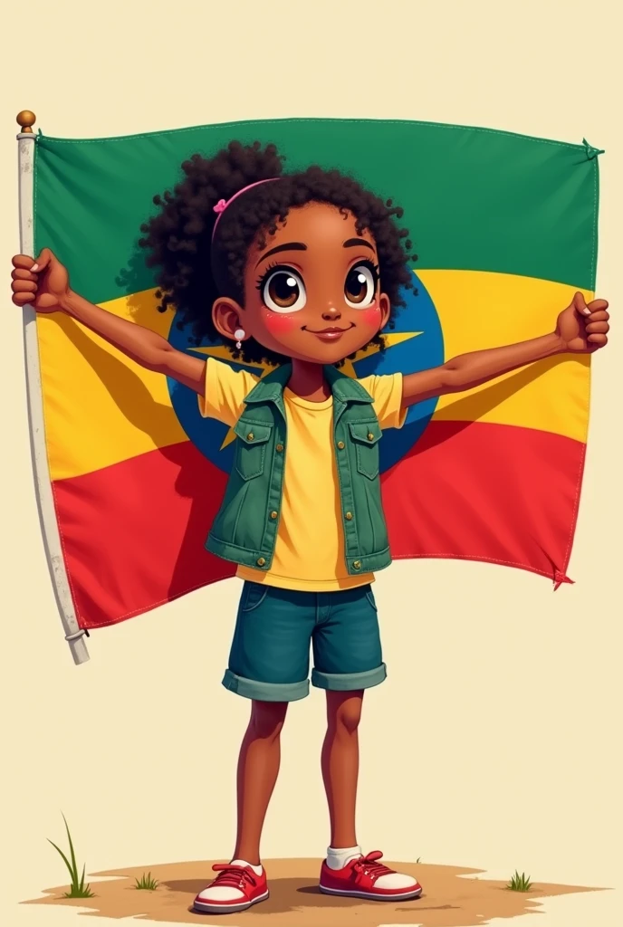 a five-year-old, black woman with the Brazil shirt sitting with her legs entwined and with her hand on a jaguar painting