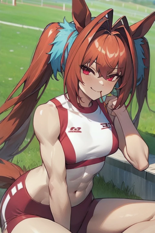 Daiwa Scarlet\(umamusume\), (Highly detailed face), masterpiece, Highest quality, thin, Muscular, Abdominal muscles, rikujou, Horse tail, big , A light smile, Track and Field, Place your hands between your legs, Mouth closed,