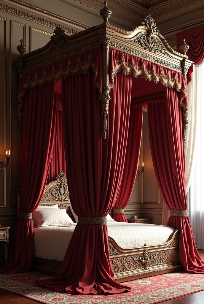 "A grand, four-poster bed in a historical castle suite, with rich, velvet drapes and opulent bedding. The bed is set against a backdrop of ornate, stone walls and antique furniture, creating a sense of timeless elegance. Large, arched windows offer a view of the rolling countryside and gardens below, adding a touch of fairy-tale romance."