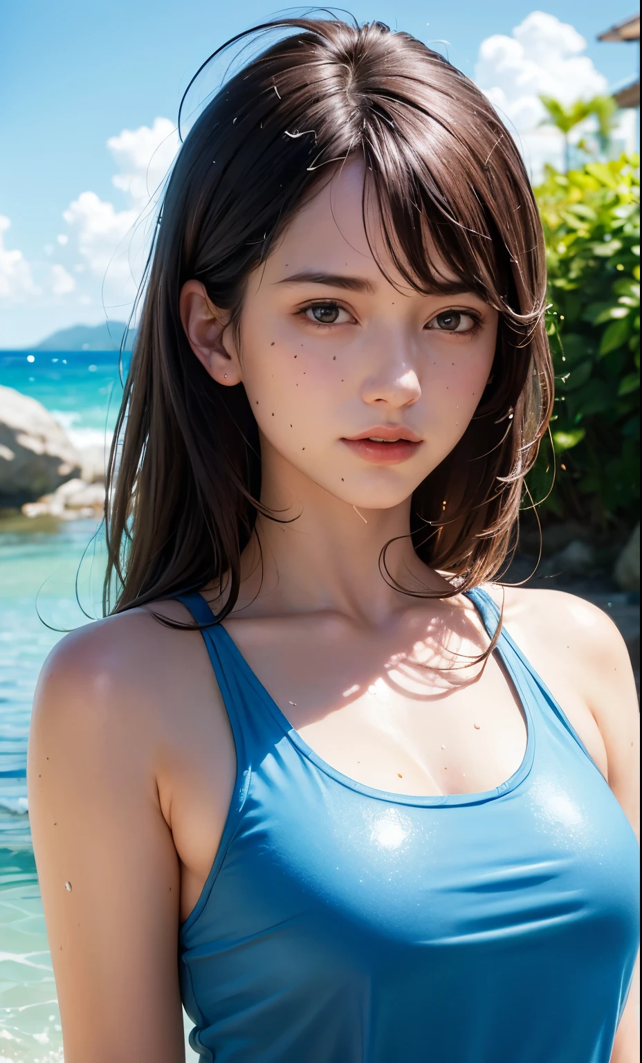 best quality, masterpiece, (realistic:1.2), 1 girl, 12 years old, worried, upper body, backlit, silhouette lighting, brown low twintails hair with bangs, amber eyes, front, detailed face, beautiful eyes, wet skin, she sweating a lot, fluorescent blue color bikini, underboob, hot spring in the rain