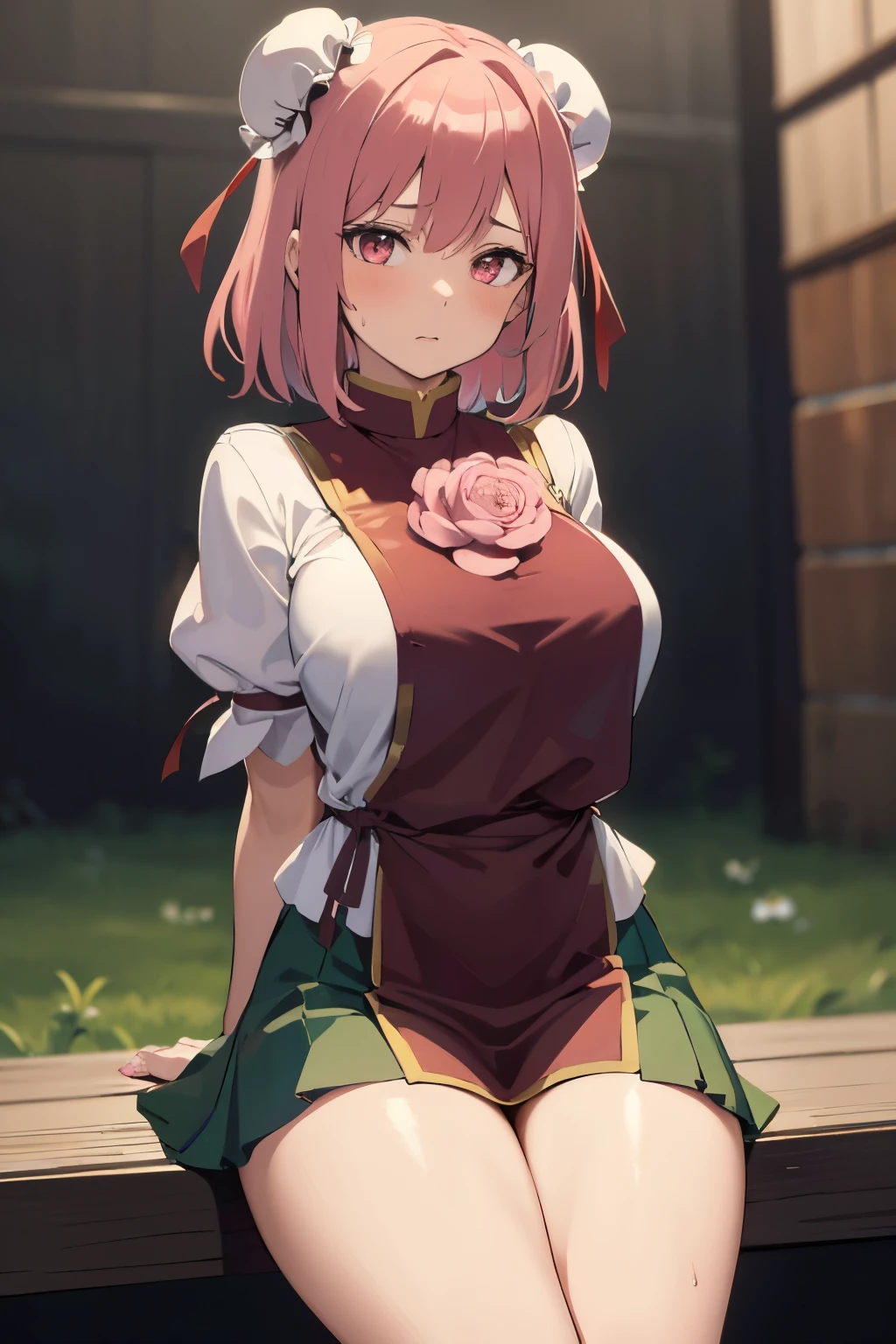 masutepiece, Best Quality, Kasen, Ibaraki, 1girl in, Solo, Double bun,  Pink hair,Short hair,Pink eyes, Flower Tabad,Bandage arm,bow ribbon, Green skirt,  Short sleeves, Puffy sleeves, chinese clothes, Shackles, chain, Shirt, (Best Quality, masutepiece:1.2), 超A high resolution, (((((hands tied behind))))), (((arms behind back))), ((large full breasts)), Exquisite details and textures, Dusty air, 1girl in, Detailed face, Solo, Looking at Viewer, Cowboy Shot, ((seiza)), Sitting on the knees, Shy, blush, full of sweat, Ultra Detail, Thighs together, Concrete floors, Concrete walls, in a basement, underground room, Indoors, Surreal, Insanely detailed, Detailed face, extremely detailed texture, (Shiny hair:1.05), (Shiny skin:0.97), (Big eyes:0.95),