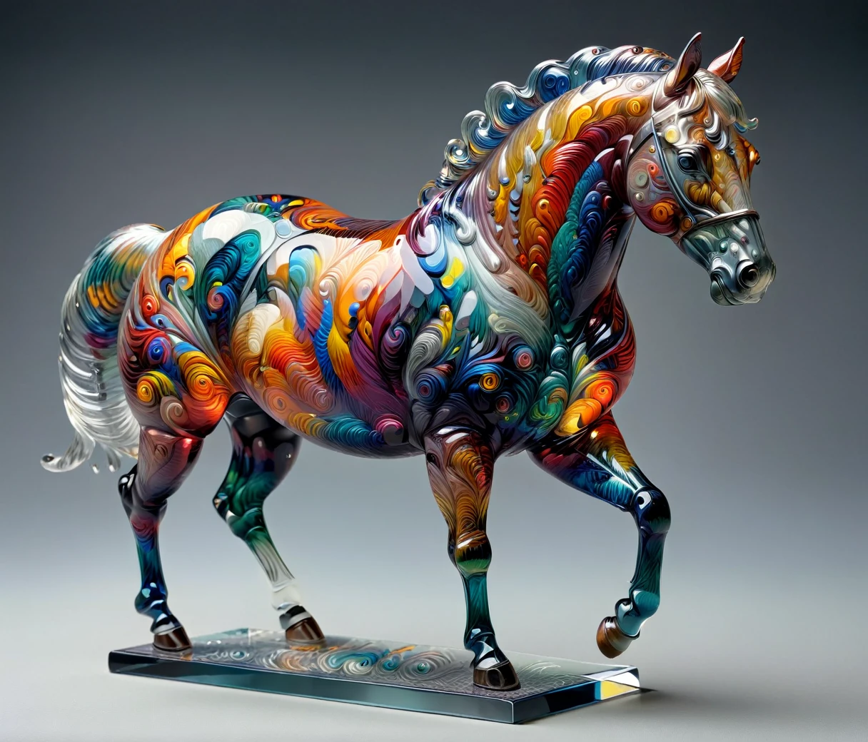 (chubby, male, horse), transparent glass sculpture, vibrant colors, highly detailed, intricate details, best quality, masterpiece, mad-vangoghian, depth of field, (((grey background)))