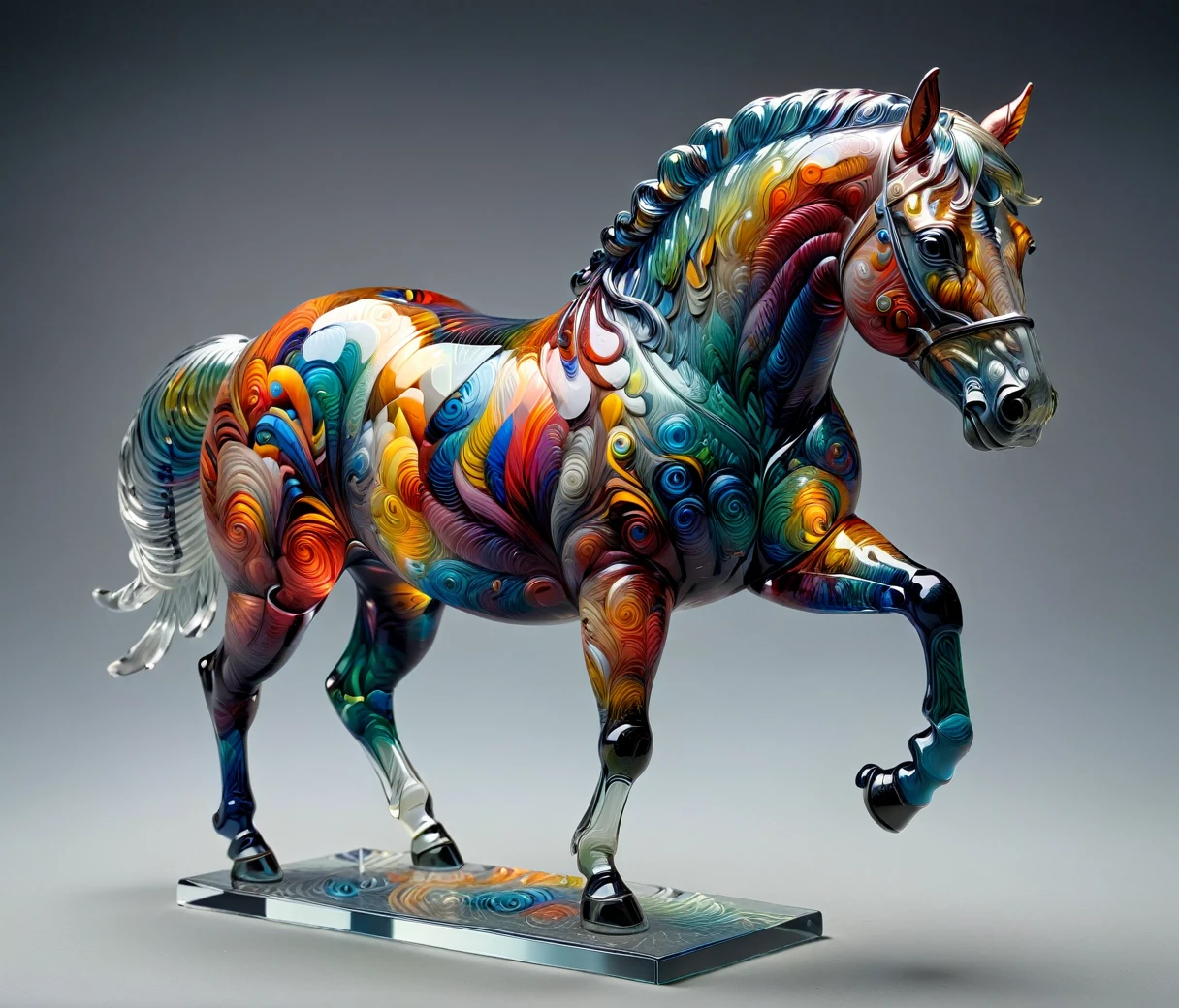 (chubby, male, horse), transparent glass sculpture, vibrant colors, highly detailed, intricate details, best quality, masterpiece, mad-vangoghian, depth of field, (((grey background)))