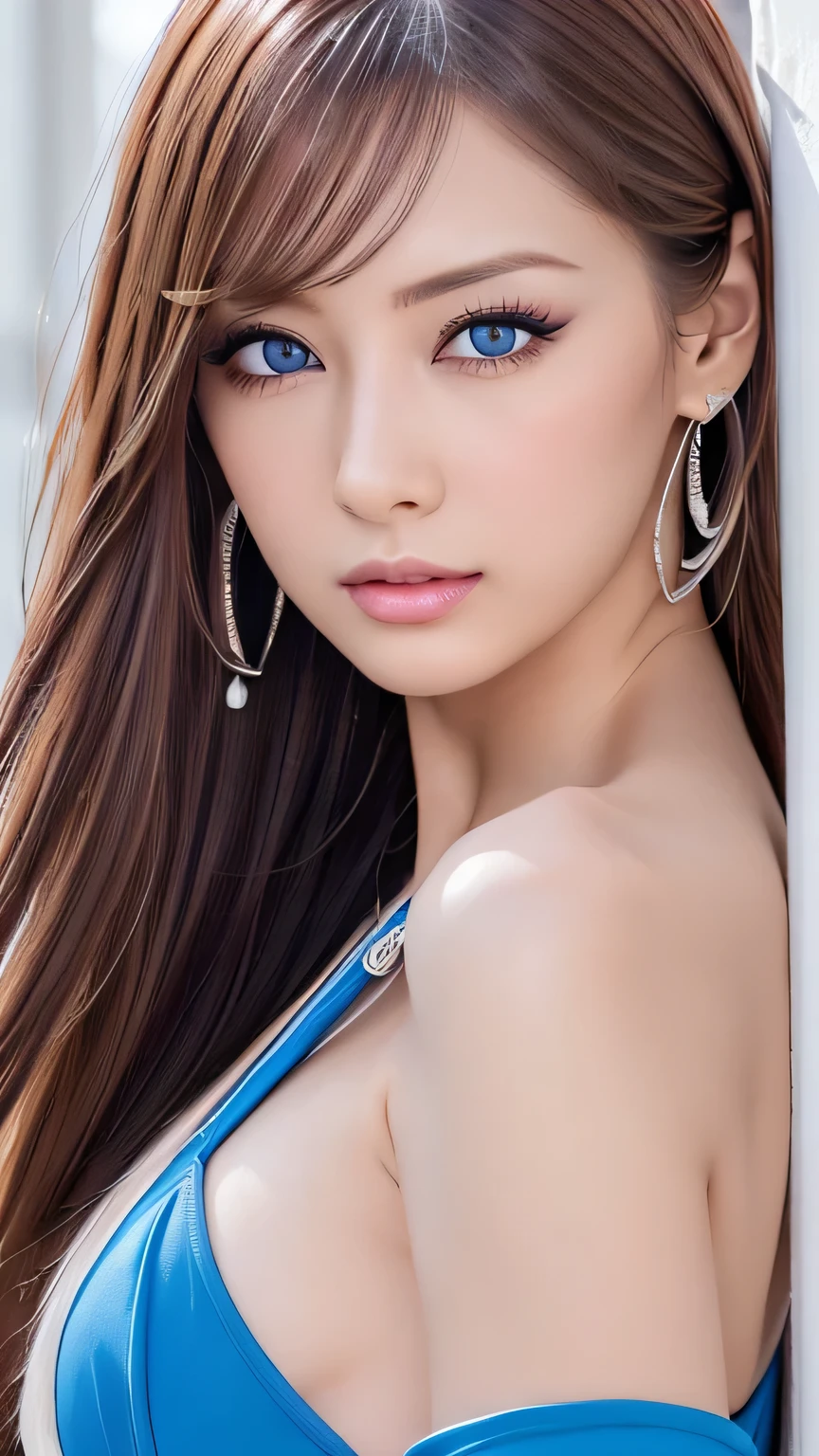 Unparalleled beauty, Glossy, firm and shiny skin, Bangs between the eyes, Beautiful shiny, straight platinum blonde, Super long straight silky hair, eyeliner, sexlyで美しい無邪気な20歳, High resolution, Very beautiful and shiny、Large, extremely bright light blue eyes、Very big eyes、Beautiful and lovely girl, ((Huge ))、((erotic、sexly、超High resolution、The lighting is bright、Precise needles without discomfort))、