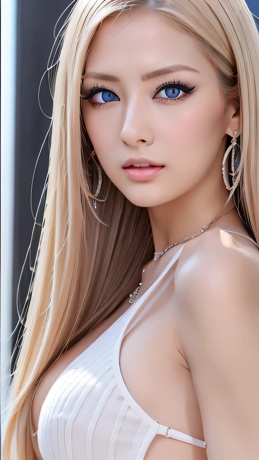 Unparalleled beauty, Glossy, firm and shiny skin, Bangs between the eyes, Beautiful shiny, straight platinum blonde, Super long straight silky hair, eyeliner, sexlyで美しい無邪気な20歳, High resolution, Very beautiful and shiny、Large, extremely bright light blue eyes、Very big eyes、Beautiful and lovely girl, ((Huge ))、((erotic、sexly、超High resolution、The lighting is bright、Precise needles without discomfort))、