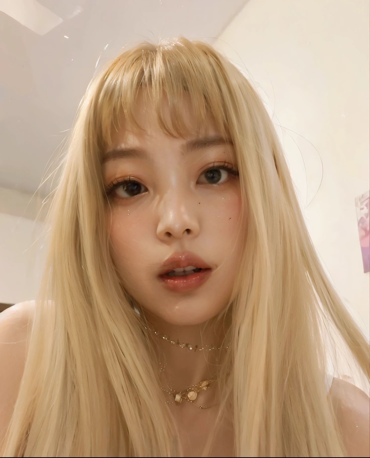 there is a woman with long hair sitting at a table with a plate of food, roseanne park of blackpink, shikamimi, jossi of blackpink, portrait of jossi of blackpink, belle delphine, chiho, junko enoshima, ahegao face, her face looks like an orchid, pouting, 19-year-old girl, bbwchan