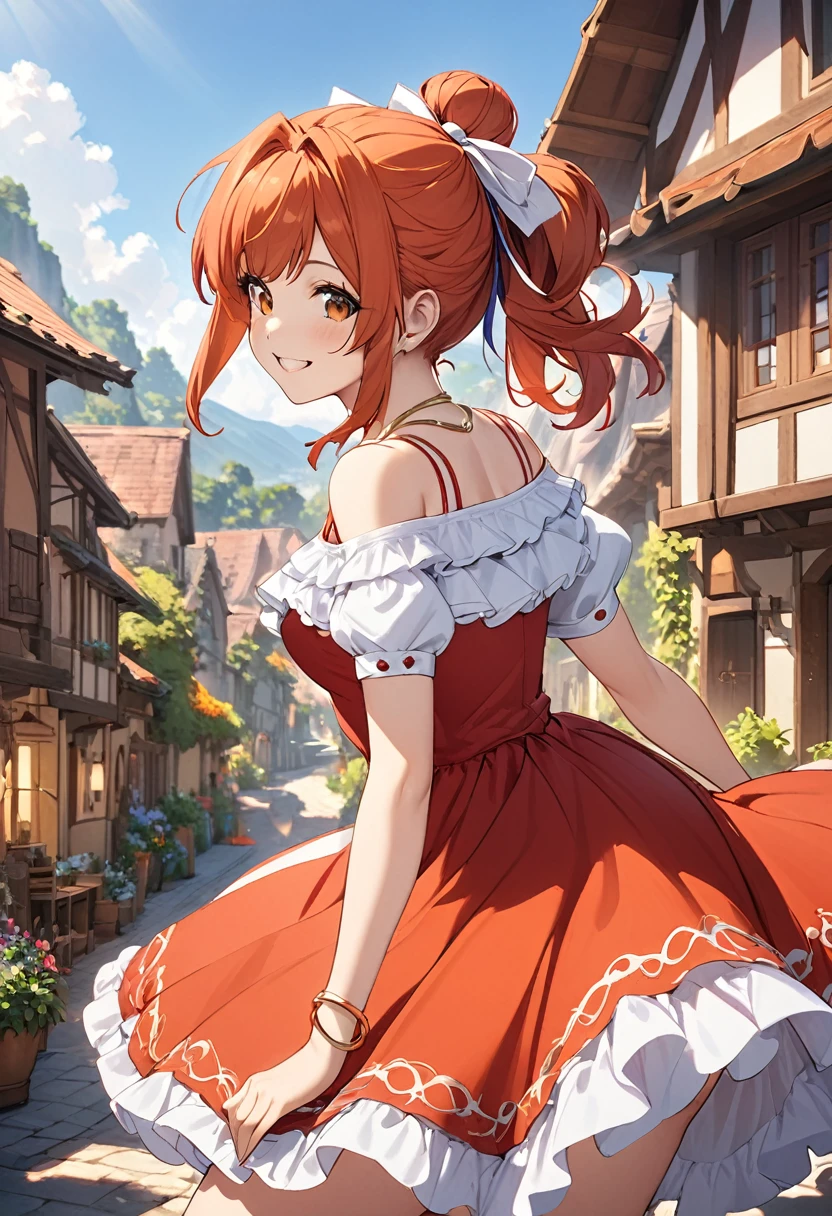 Collete、A lively 1 girl, Bright and happy、smile、Orange medium length hair、(masterpiece:1.2), (Beautiful attention to detail:1.2), Perfect lighting, (Perfect hands, perfect anatomy),red long dress, frills, bare shoulder, hair bun, red hair ribbon, ,folded ponytail. puffy sleeves, short sleeves, smile, outdoors, village background, dynamic pose, cute pose, gold necklace, silver Bangle Bracelet,