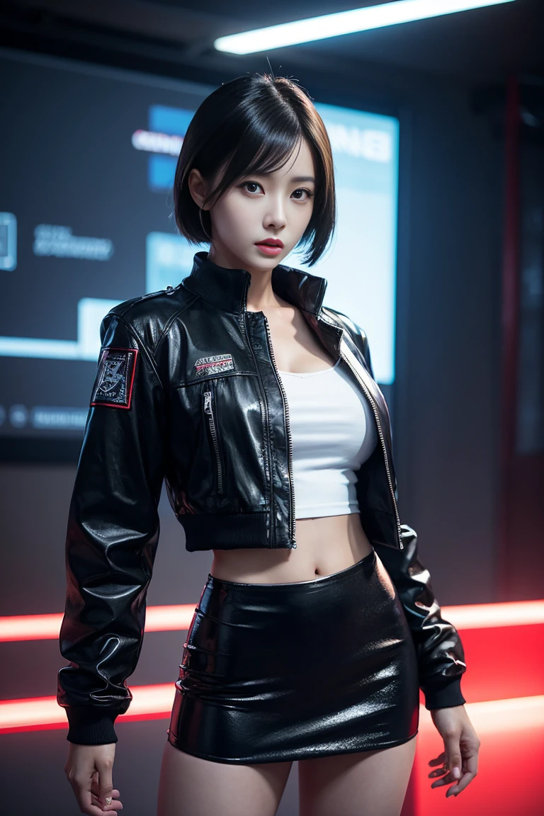 A woman in a short skirt and jacket posing for a photo., cyberpunk art by Raymond Han, Trends in CG society, Digital art, Chinese woman, korean girl, beautiful asian woman, asian woman, young asian girl, attractive girl, beautiful asian woman, korean woman, Chinese woman, beautiful south korean woman, gorgeous young korean woman, beautiful young korean woman,  woman