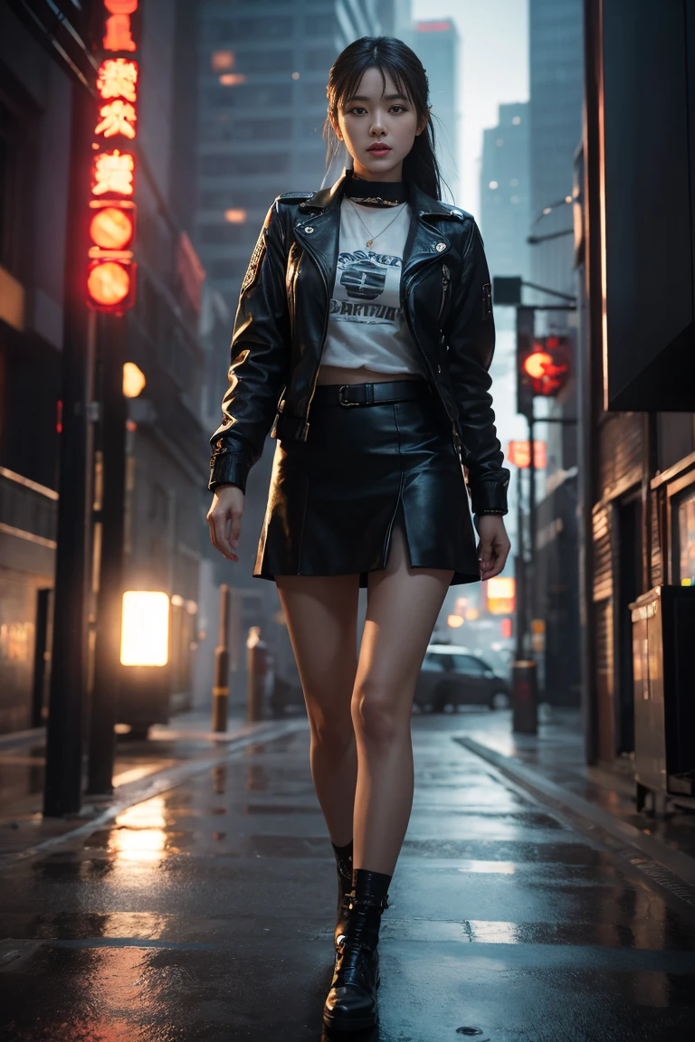 (masterpiece), (best quality:1.2), absurdres, (intricate details:1.2), wideangle, (huge breasts:1.3), (smiling:0.9), (detailed night city:1.2), (low light:1.3), (cyberpunk:1.2), (beautiful 25y.o. austrian woman:1.2), long hair, pixie cut hair, (straight hair:1.1), (black hair:1.1), (oily hair:0.8), (wearing tshirt and skirt, highboots:1.2)