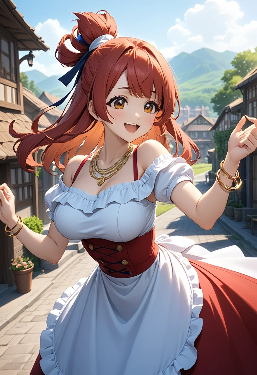 Collete、A lively 1 girl, Bright and happy、smile、Orange medium length hair、(masterpiece:1.2), (Beautiful attention to detail:1.2), Perfect lighting, (Perfect hands, perfect anatomy),red long dress, frills, bare shoulder, hair bun, red hair ribbon, ,folded ponytail. puffy sleeves, short sleeves, smile, outdoors, village background, dynamic pose, cute pose, gold necklace, silver Bangle Bracelet,