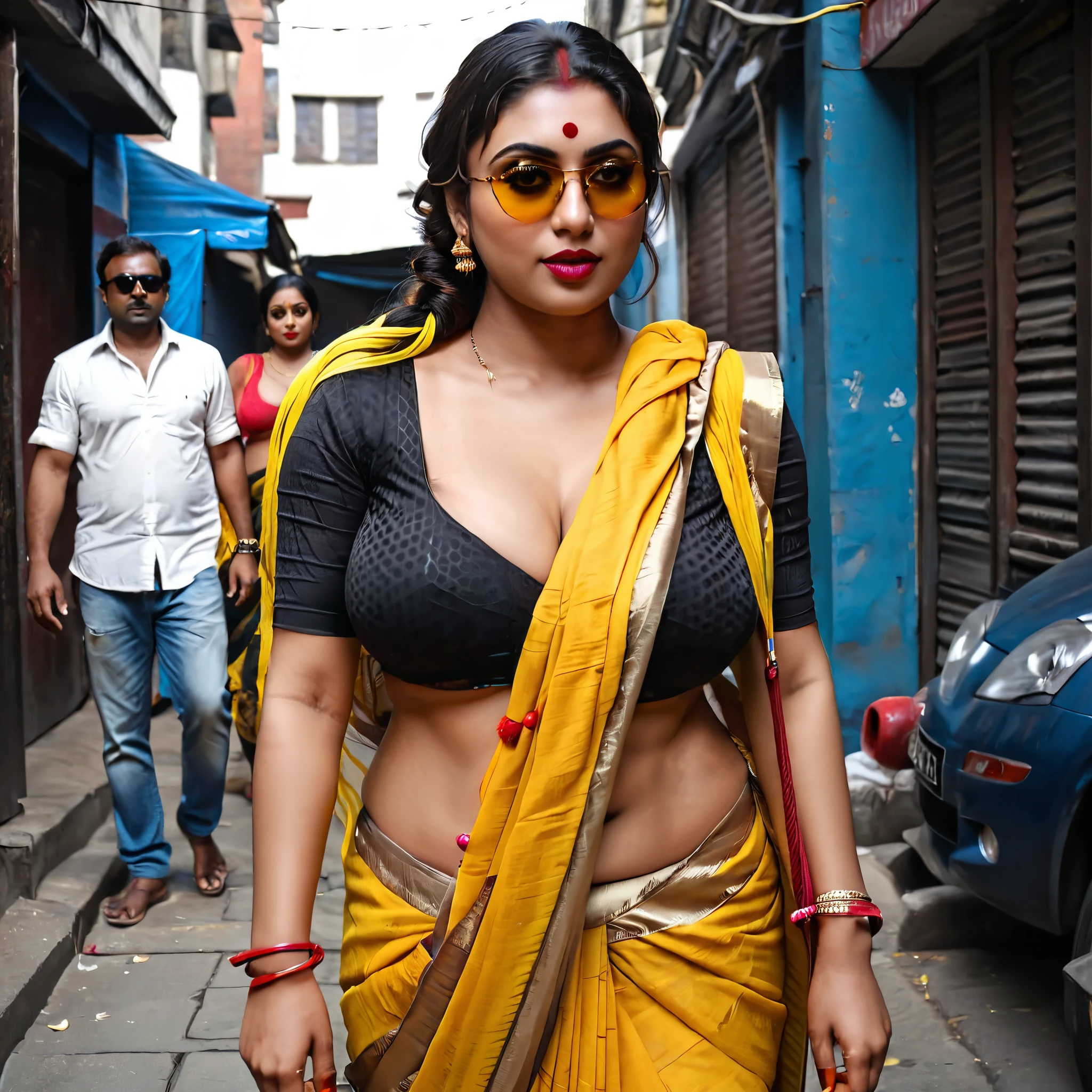 1girl, gigantic breast, wide hips, thick, extreme thick, naughty face, extremme sexy eyes, full body, london, movie, actress, black saree, yellow blouse, pure cotton saree, soft, pallu, roll from navel to shoulder, cleavage, makeup, yellow lipstick, sunglasses, lower sunglasses, looking at viewer, london, alley, dark, illegal place, solo,
horny expression, twin braided tails, braided hair on both shoulder, night time, lights_off, very dark, holding lamp, lamp-light, shaded, dark and warm color, cinematics , looking back,