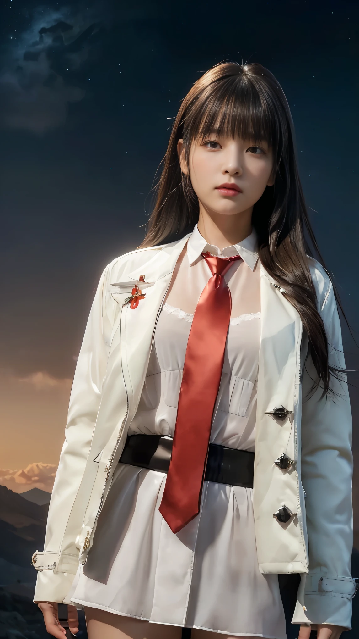 ((Masterpiece, best quality, very detailed), Volumetric light, surrounding occlusion, Rich and colorful, glow), 1 woman, lonely, young girl, (Black bangs), long hair, radius, sacred, goddess, CEO vibe, (Black Jacket, White shirt with Red necktie:1.3), armor, outdoor, sunset, sky, cloud, space, (Fantasy Theme:1.2),