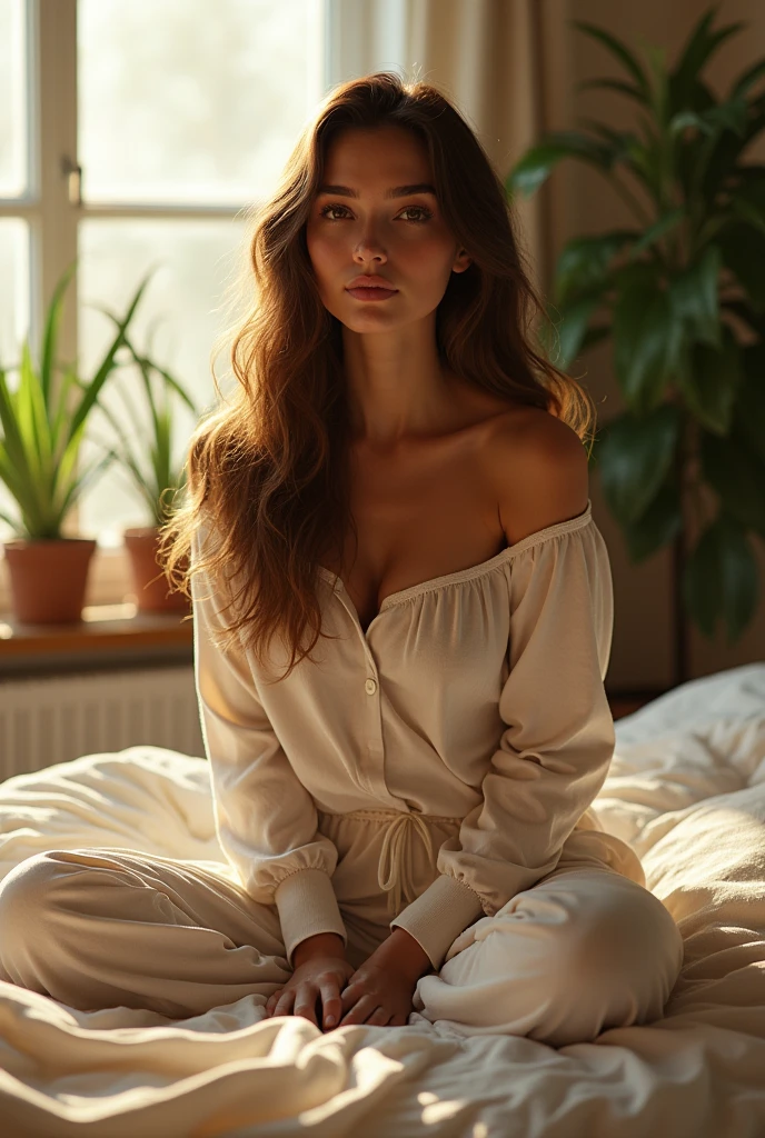 (photorealism:1.2), beautiful woman, sitting on bed, wearing loose off-shoulder top, pajama pants, long curly hair, indoors, soft lighting, plants in background, window with sunlight, cozy room, relaxed pose, realistic, intricate details, warm colors, by Greg Rutkowski, by Alphonse Mucha