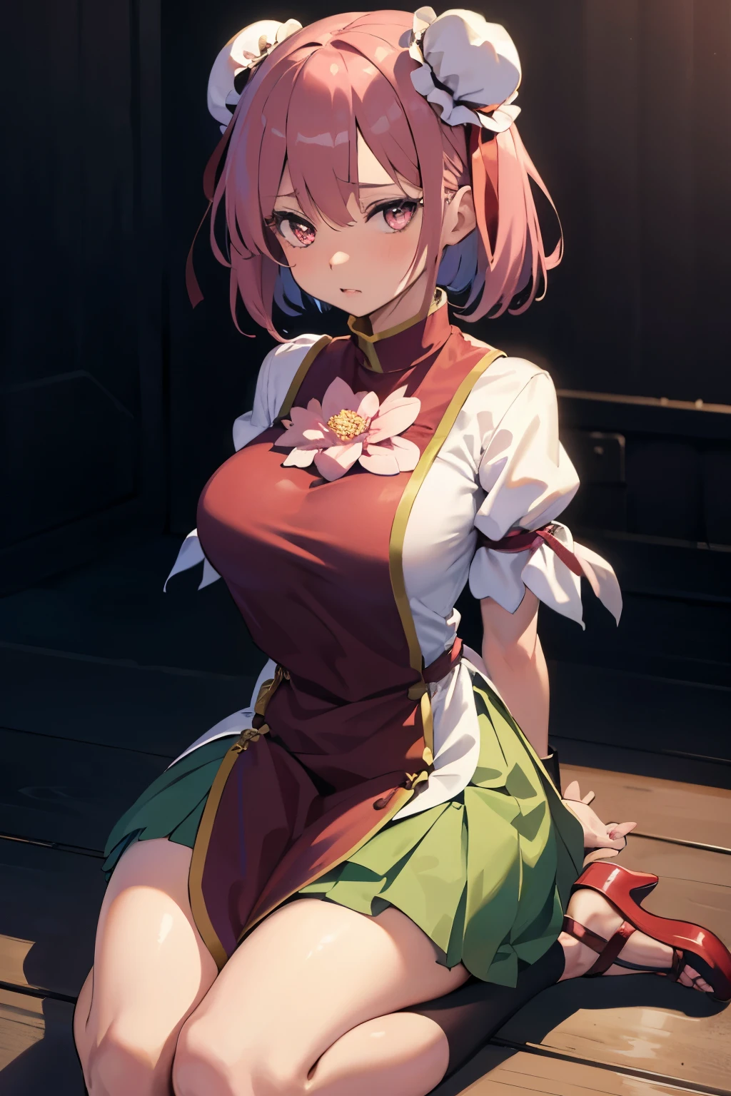 masutepiece, Best Quality, Kasen, Ibaraki, 1girl in, Solo, Double bun,  Pink hair,Short hair,Pink eyes, Flower Tabad,Bandage arm,bow ribbon, Green skirt,  Short sleeves, Puffy sleeves, chinese clothes, Shackles, chain, Shirt, (Best Quality, masutepiece:1.2), 超A high resolution, (((((hands tied behind))))), (((arms behind back))), ((large full breasts)), Exquisite details and textures, Dusty air, 1girl in, Detailed face, Solo, Looking at Viewer, Cowboy Shot, ((seiza)), Sitting on the knees, Shy, blush, full of sweat, Ultra Detail, Thighs together, Concrete floors, Concrete walls, in a basement, underground room, Indoors, Surreal, Insanely detailed, Detailed face, extremely detailed texture, (Shiny hair:1.05), (Shiny skin:0.97), (Big eyes:0.95),