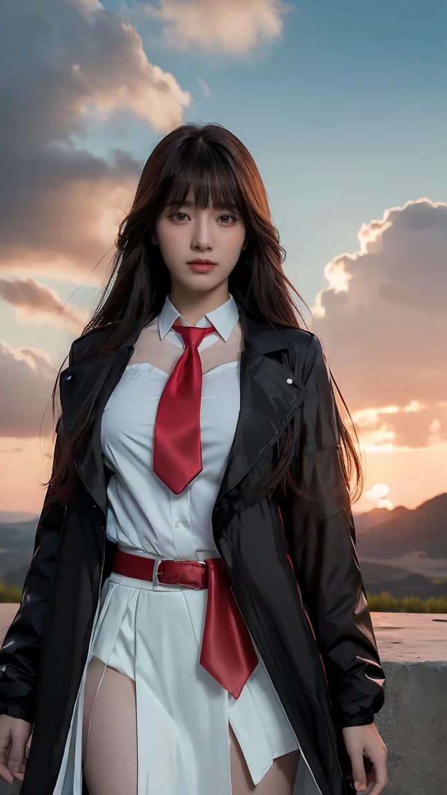 ((Masterpiece, best quality, very detailed), Volumetric light, surrounding occlusion, Rich and colorful, glow), 1 woman, lonely, young girl, (Black bangs), long hair, radius, sacred, goddess, CEO vibe, (Black Jacket, White shirt with Red necktie:1.3), armor, outdoor, sunset, sky, cloud, space, (Fantasy Theme:1.2),