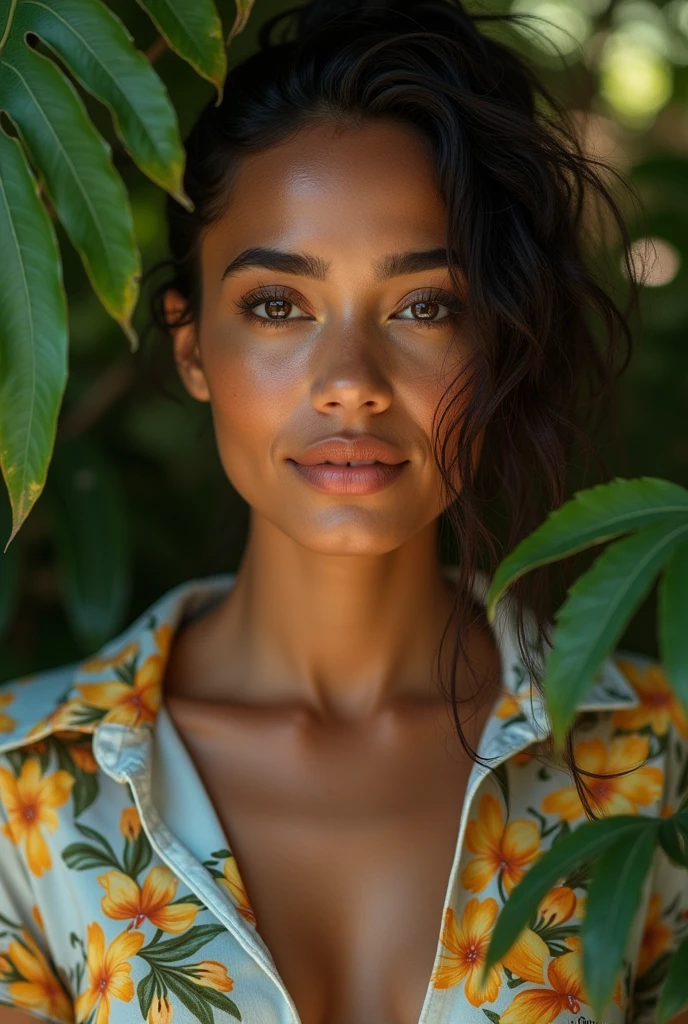 A Brazilian woman in a lush tropical garden, wearing an open shirt with a floral print, with a close-up capturing the harmonious beauty between her breasts and the natural flowers, showing off your natural charm and outgoing personality.
