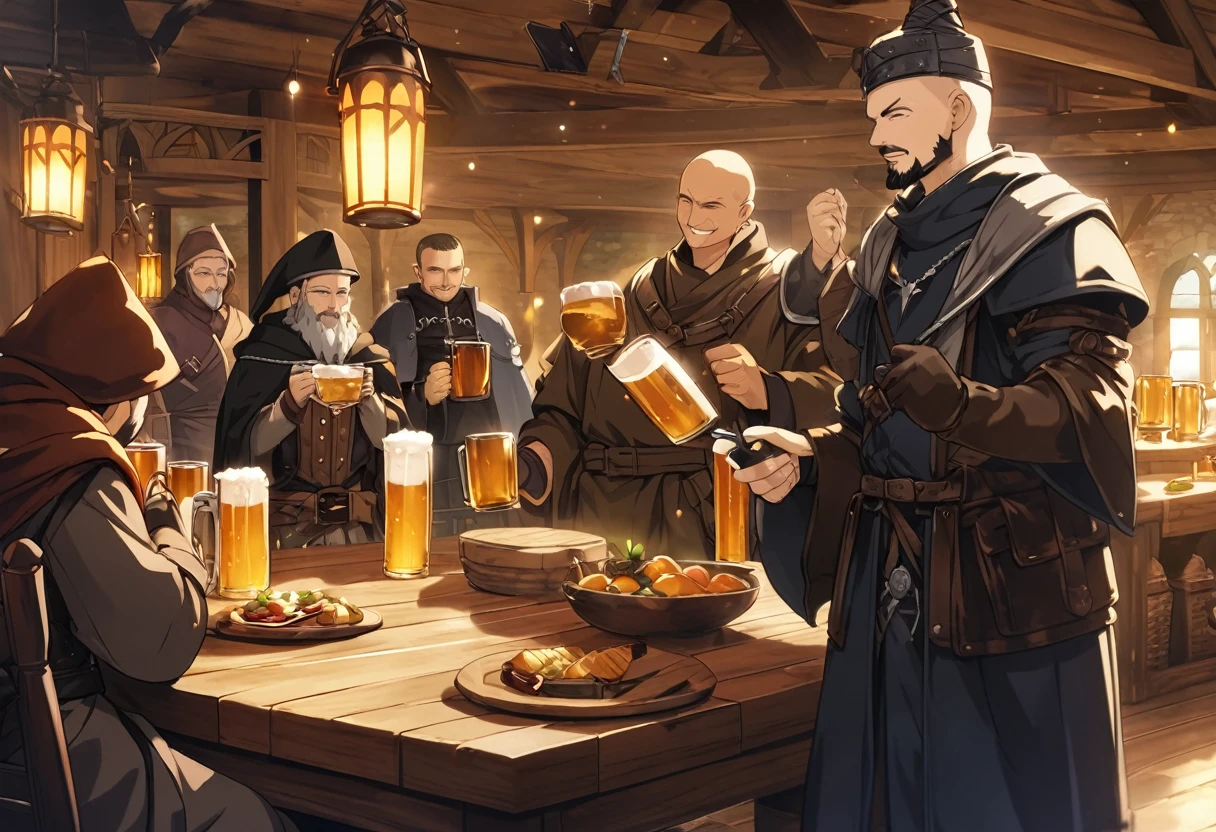 (masterpiece:1.4), (Highest quality:1.4), Very detailed, Complex, Very detailed, shape,Soft lighting, Tavern, More than one personで語り合う, Hopeful Face, smile, More than one person, Mixed gender, a group of adventurers, character from RPG games, (character: human, Fairy, Fairy, Dwarf, The Hobbit), (exterior: Swordsman Style, Shaman Style, Monk Style, Magician style), (belongings: Long sword, dagger, Holy Staff, Magic wand, shield, metal armor, Leather Armor), Perfectly accurate anatomical shape、All limbs intact、Perfect full finger, Colorful characters, Drinking alcohol and getting drunk, Make friends with people in the city,Huge, Majestic, Uplifting expressions, みんなのsmileが素晴らしい.