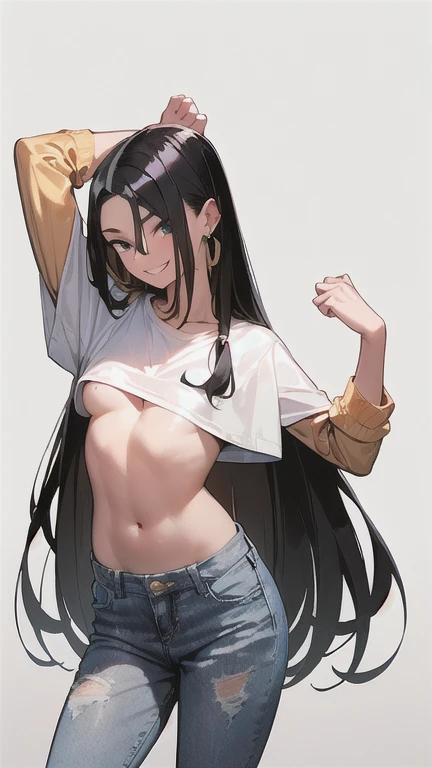 (Beautiful black hair:1.6),Long Hair,(Straight hair:2.0),high school girl,((boyish:1.8)),Dark Eyes,(tall),(scrawny),((A confident smile)),Small breasts,(golden circle earrings),BREAK,(White T-shirt,No sleeve,Underboob),(nsfw,revealin denim pants)