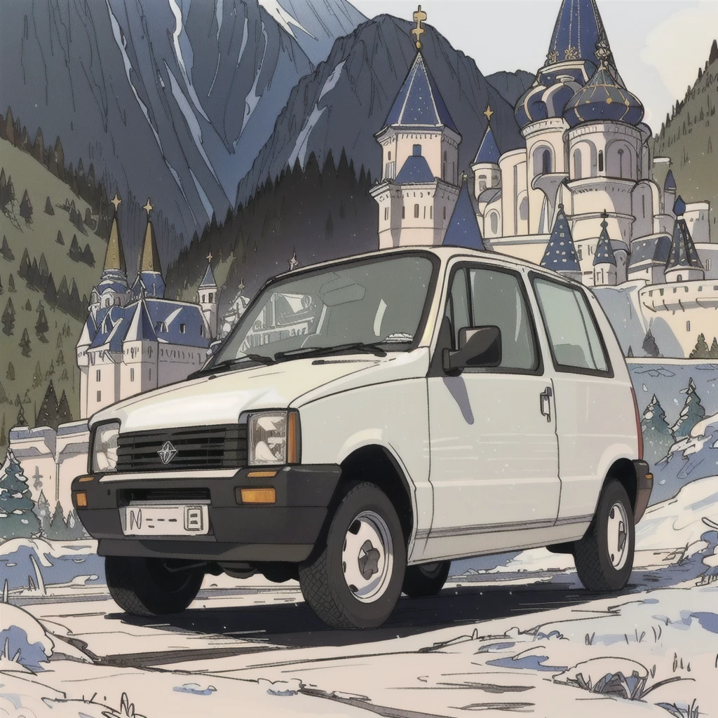 arafed white van parked in front of a castle with a mountain in the background,  prestige, kama russian electrocar, 1991, 1993,