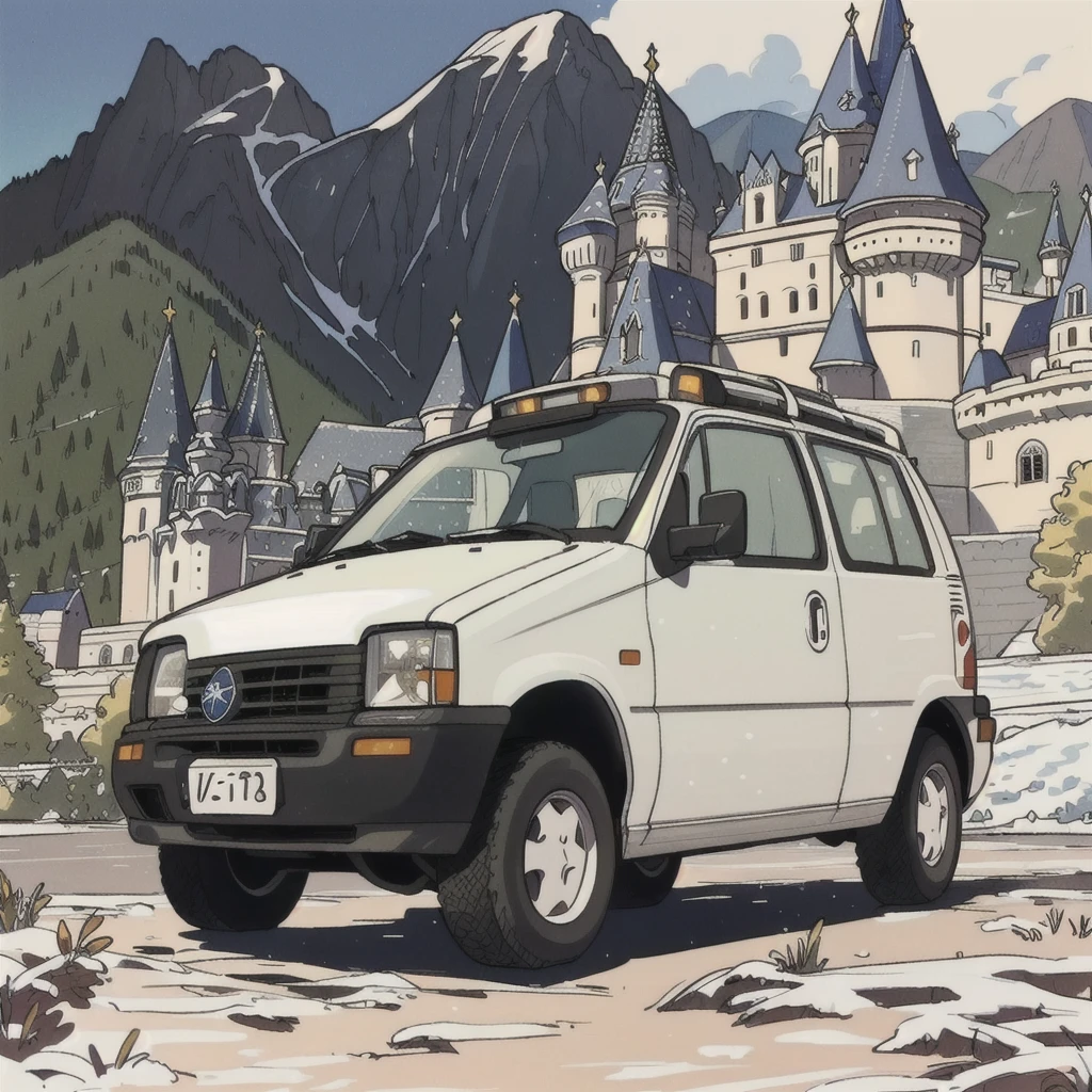 arafed white van parked in front of a castle with a mountain in the background,  prestige, kama russian electrocar, 1991, 1993,