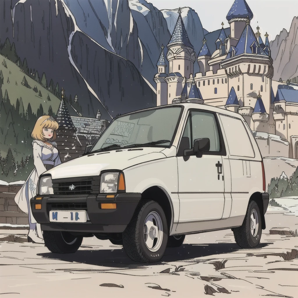 arafed white van parked in front of a castle with a mountain in the background,  prestige, kama russian electrocar, 1991, 1993,