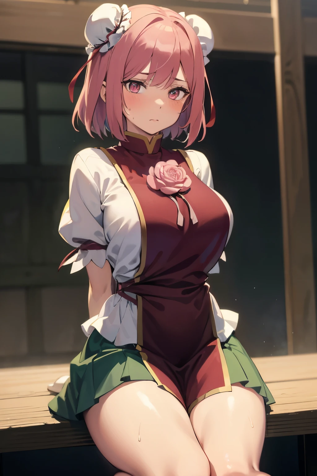 masutepiece, Best Quality, Kasen, Ibaraki, 1girl in, Solo, Double bun,  Pink hair,Short hair,Pink eyes, Flower Tabad,Bandage arm,bow ribbon, Green skirt,  Short sleeves, Puffy sleeves, chinese clothes, Shackles, chain, Shirt, (Best Quality, masutepiece:1.2), 超A high resolution, (((((hands tied behind))))), (((arms behind back))), ((large full breasts)), Exquisite details and textures, Dusty air, 1girl in, Detailed face, Solo, Looking at Viewer, Cowboy Shot, ((seiza)), Sitting on the knees, Shy, scowl, blush, sweat, Ultra Detail, Thighs together, Concrete floors, Concrete walls, in a basement, underground room, Indoors, Surreal, Insanely detailed, Detailed face, extremely detailed texture, (Shiny hair:1.05), (Shiny skin:0.97), (Big eyes:0.95),