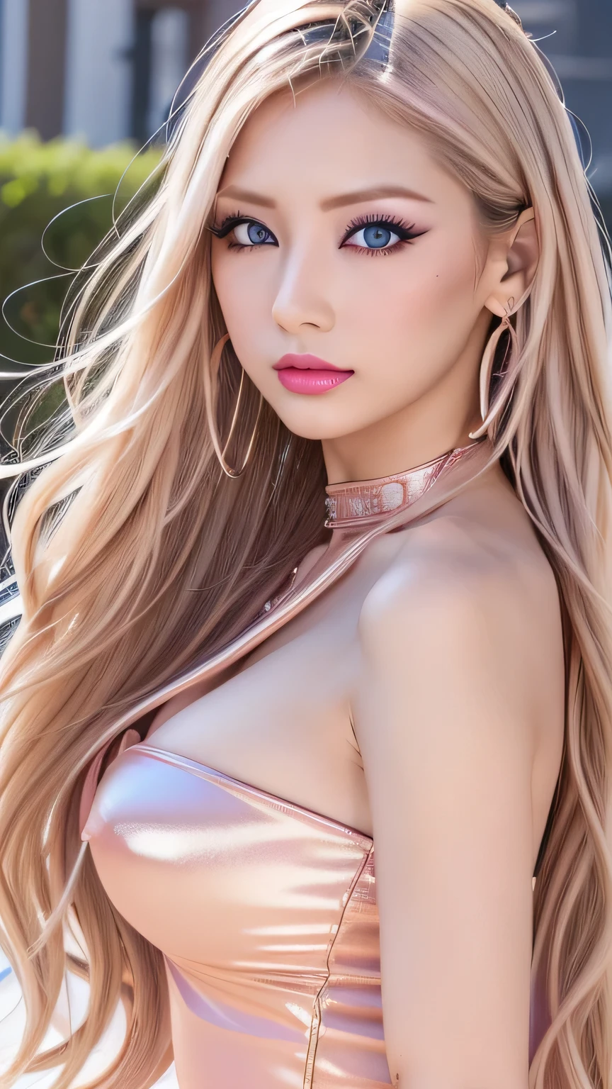 ((Highest quality, 超High resolution、The most complex and detailed depiction))、(Bright lighting:1.1)、(Beautiful woman:1.1)、(Long Wavy Hair:1.05), (Accurate anatomy:1.1)、Colored contact lenses、Perfect Makeup、Pink lipstick、Highly saturated eyeshadow、Unparalleled beauty, Glossy, firm and shiny skin, Bangs between the eyes, Beautiful shiny curly platinum blonde hair, Ultra long wavy silky hair, eyeliner, sexlyで美しい無邪気な30歳, High resolution, Very beautiful and shiny、Large, extremely bright light blue eyes、Very big eyes、Beautiful and lovely girl, ((Huge ))、((erotic、sexly、超High resolution、The lighting is bright、Precise needles without discomfort))、