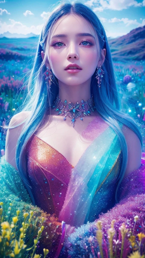 A surreal uncommon landscape, colorful and dreamlike, 1girl standing in a field of floating crystals, detailed face and eyes, ethereal atmosphere, vivid colors, dramatic lighting, intricate details, cinematic composition, award-winning digital art, hyper-detailed, photorealistic, masterpiece