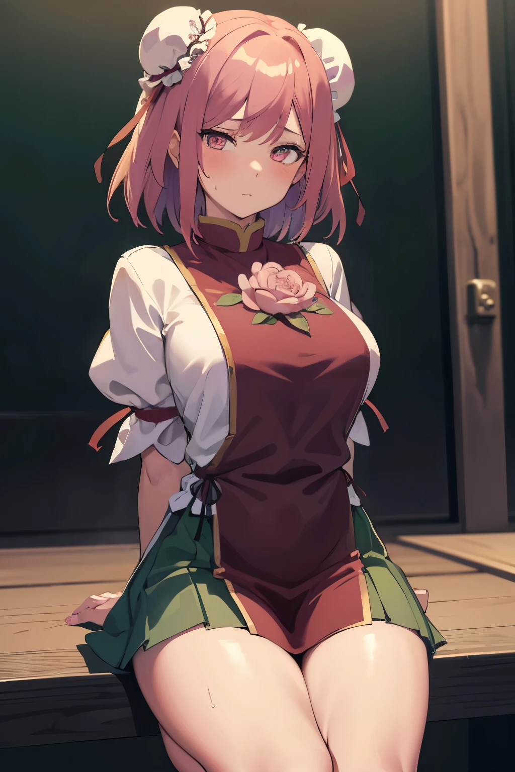 masutepiece, Best Quality, Kasen, Ibaraki, 1girl in, Solo, Double bun,  Pink hair,Short hair,Pink eyes, Flower Tabad,Bandage arm,bow ribbon, Green skirt,  Short sleeves, Puffy sleeves, chinese clothes, Shackles, chain, Shirt, (Best Quality, masutepiece:1.2), 超A high resolution, (((((hands tied behind))))), (((arms behind back))), ((large full breasts)), Exquisite details and textures, Dusty air, 1girl in, Detailed face, Solo, Looking at Viewer, Cowboy Shot, ((seiza)), Sitting on the knees, Shy, scowl, blush, sweat, Ultra Detail, Thighs together, Concrete floors, Concrete walls, in a basement, underground room, Indoors, Surreal, Insanely detailed, Detailed face, extremely detailed texture, (Shiny hair:1.05), (Shiny skin:0.97), (Big eyes:0.95),