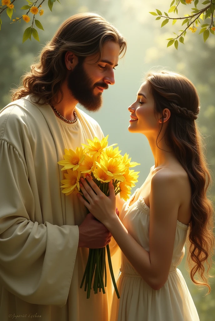 Jesus with a girl in a forest in summer, The girl showing Jesus her scars and Jesus with a phrase "I DO LOVE YOU" above Jesus, On the head of the nila a crown of flowers, with a background with flowers and pixar style