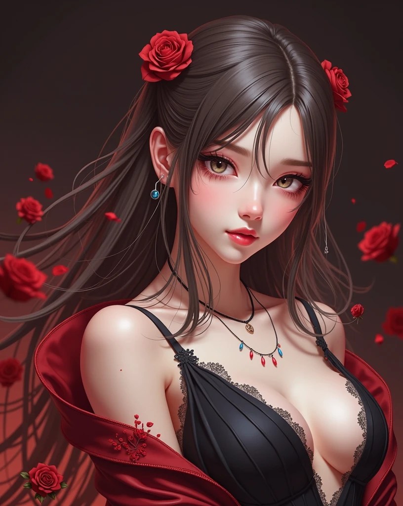 1 girl,beautiful fashion model ,(masterpiece, detailed background, highest quality),short and shiny hair, black hair,grin,juicy lips,red lips, lingerie, Stripping, elegant makeup, Exhibitionism, ripped lace bodysuit costume