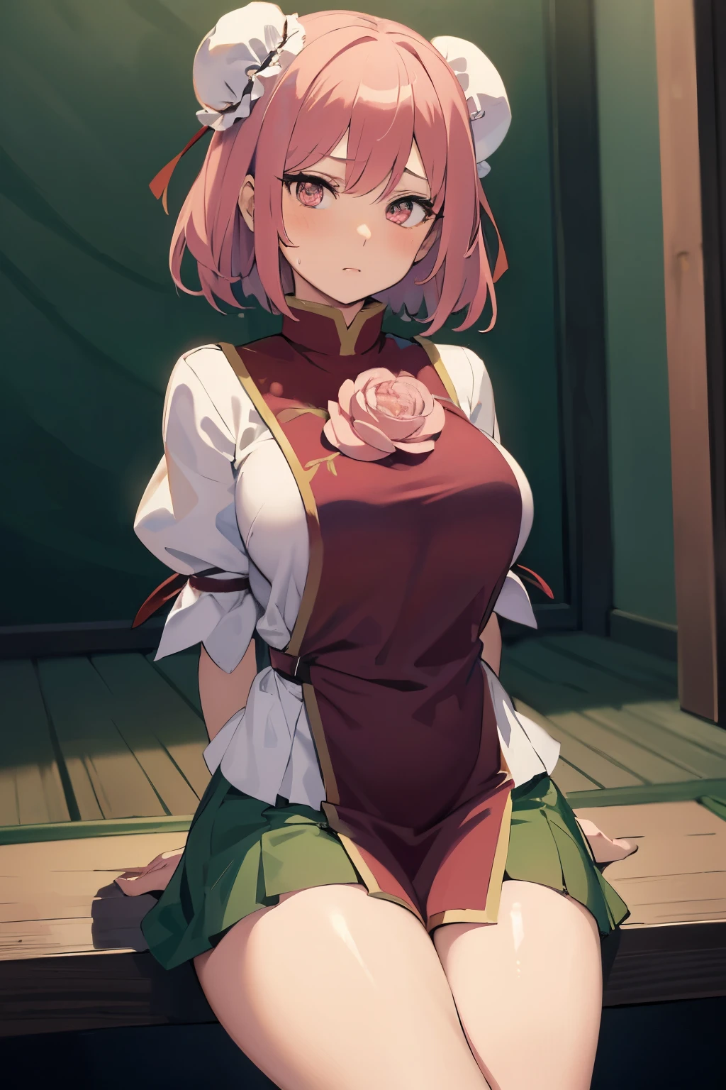 masutepiece, Best Quality, Kasen, Ibaraki, 1girl in, Solo, Double bun,  Pink hair,Short hair,Pink eyes, Flower Tabad,Bandage arm,bow ribbon, Green skirt,  Short sleeves, Puffy sleeves, chinese clothes, Shackles, chain, Shirt, (Best Quality, masutepiece:1.2), 超A high resolution, (((((hands tied behind))))), (((arms behind back))), ((large full breasts)), Exquisite details and textures, Dusty air, 1girl in, Detailed face, Solo, Looking at Viewer, Cowboy Shot, ((seiza)), Sitting on the knees, Shy, scowl, blush, sweat, Ultra Detail, Thighs together, Concrete floors, Concrete walls, in a basement, underground room, Indoors, Surreal, Insanely detailed, Detailed face, extremely detailed texture, (Shiny hair:1.05), (Shiny skin:0.97), (Big eyes:0.95),