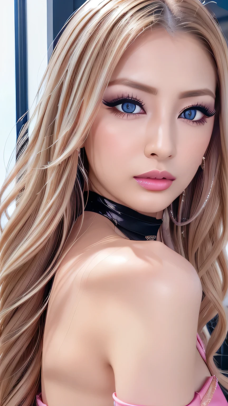 ((Highest quality, 超High resolution、The most complex and detailed depiction))、(Bright lighting:1.1)、(Beautiful woman:1.1)、(Long Wavy Hair:1.05), (Accurate anatomy:1.1)、Colored contact lenses、Perfect Makeup、Pink lipstick、Highly saturated eyeshadow、Unparalleled beauty, Glossy, firm and shiny skin, Bangs between the eyes, Beautiful shiny curly platinum blonde hair, Ultra long wavy silky hair, eyeliner, sexlyで美しい無邪気な30歳, High resolution, Very beautiful and shiny、Large, extremely bright light blue eyes、Very big eyes、Beautiful and lovely girl, ((Huge ))、((erotic、sexly、超High resolution、The lighting is bright、Precise needles without discomfort))、