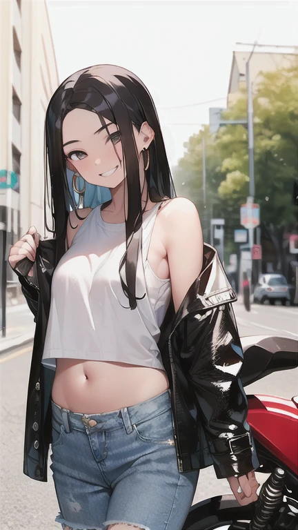 (Beautiful black hair:1.6),Long Hair,(Straight hair:2.0),high school girl,((boyish:1.8)),Dark Eyes,(tall),(scrawny),((A confident smile)),Medium Bust,(golden circle earrings),BREAK,Black leather jacket,(White T-shirt,bare shoulder,belly button),(short denim pants),Town,night,night景,motor cycle,