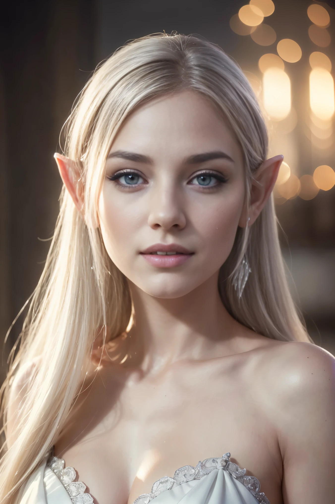 a beautiful Elf girl, detailed face, beautiful detailed eyes, beautiful detailed lips, wide smile showing teeth, longeyelashes, intricate detailed white hair, porcelain skin, serene expression, delicate features, elegant pose, cinematic lighting, dramatic colors, vibrant palette, atmospheric, photorealistic, award winning, (best quality,8k,highres,masterpiece:1.2),ultra-detailed,(realistic,photorealistic,photo-realistic:1.37),HDR,UHD,studio lighting,ultra-fine painting,sharp focus,physically-based rendering,extreme detail description,professional,vivid colors,bokeh