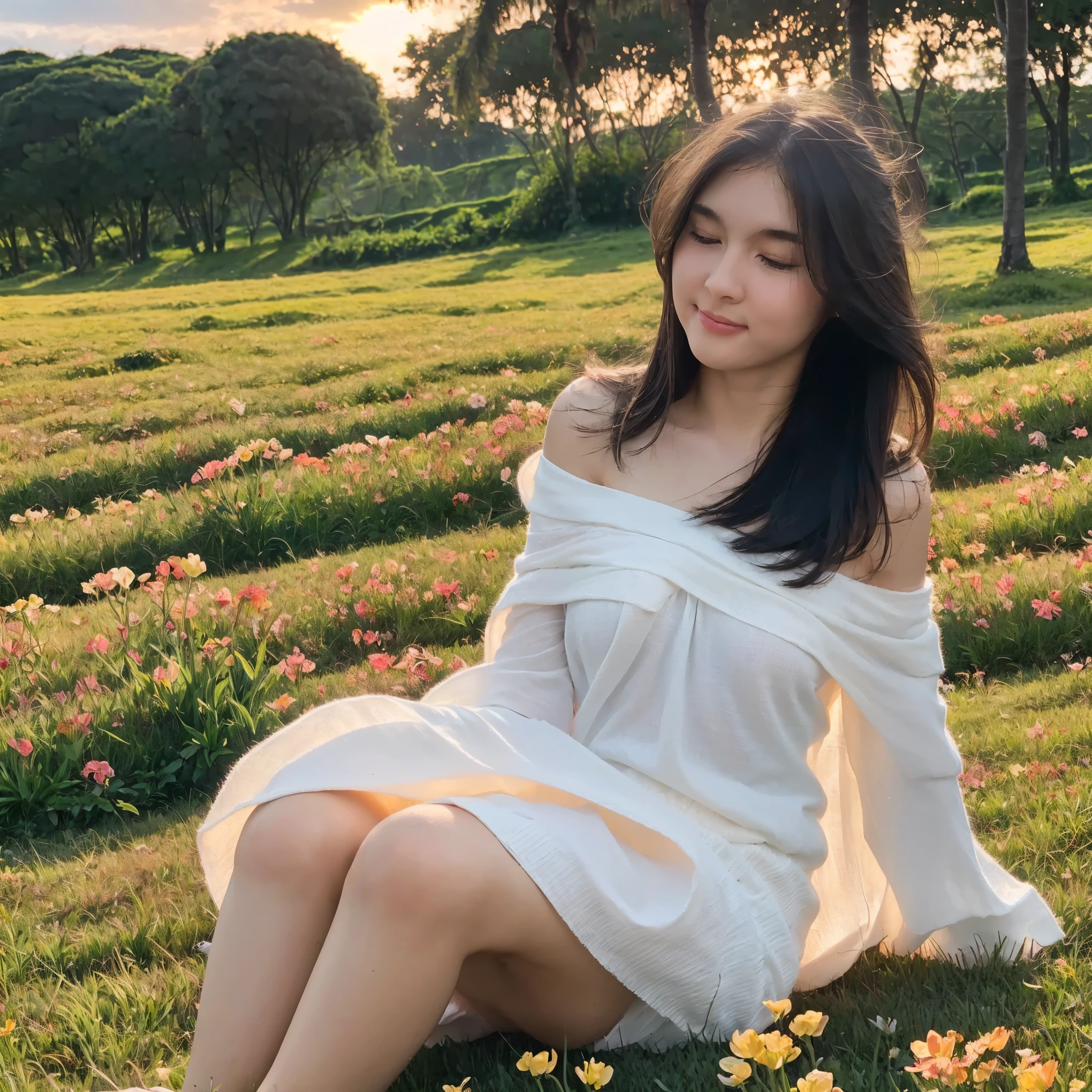 (masterpiece, best quality:1.2, 8k RAW photo, (one girl, solo, 1girl), natural soft lighting), wind goddess, bare naked, fully nude, medium breast,  in the flower field, upper body, sitting, showing pussy, wind flows, beautiful sunset, 