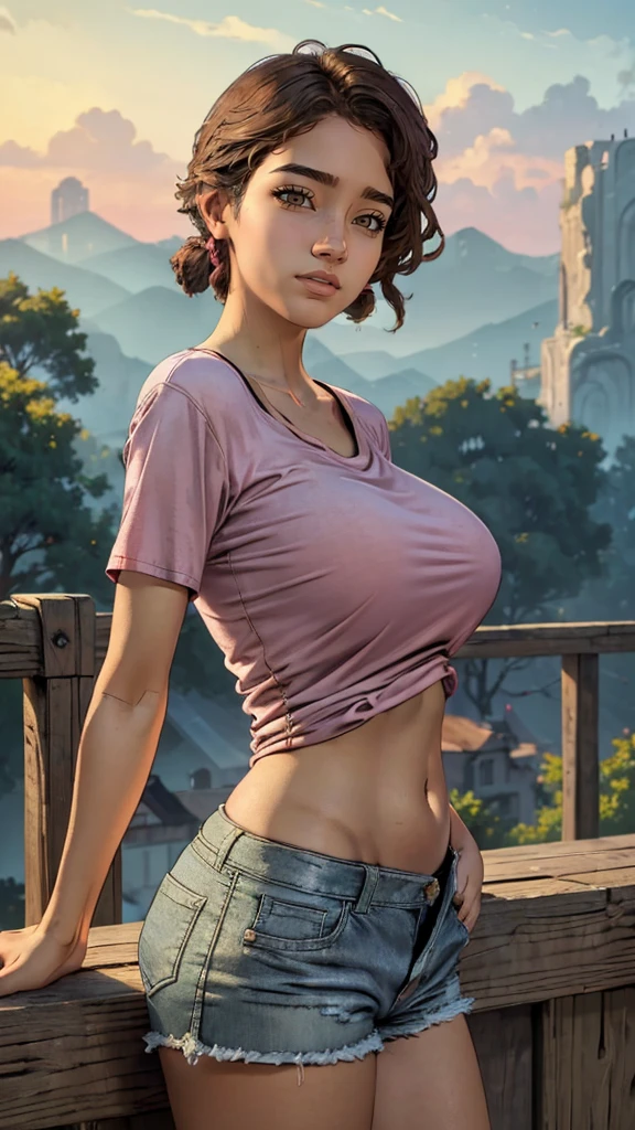 (masterpiece, best quality:1.4), (8K), clementine, Young brunette beauty, (((1, neat girl))), detailed brown eyes, long eyelashes, blush, kind smile, upper body, covered large breasts, (pink t-shirt), denim short shorts, (from side), (looking at viewer), beautiful brown hair, light skin,light-skinned female, short hair, one short ponytail, (huge breasts), (valley, beautiful and magnificent skyline, majestic sky), colorful natural light)