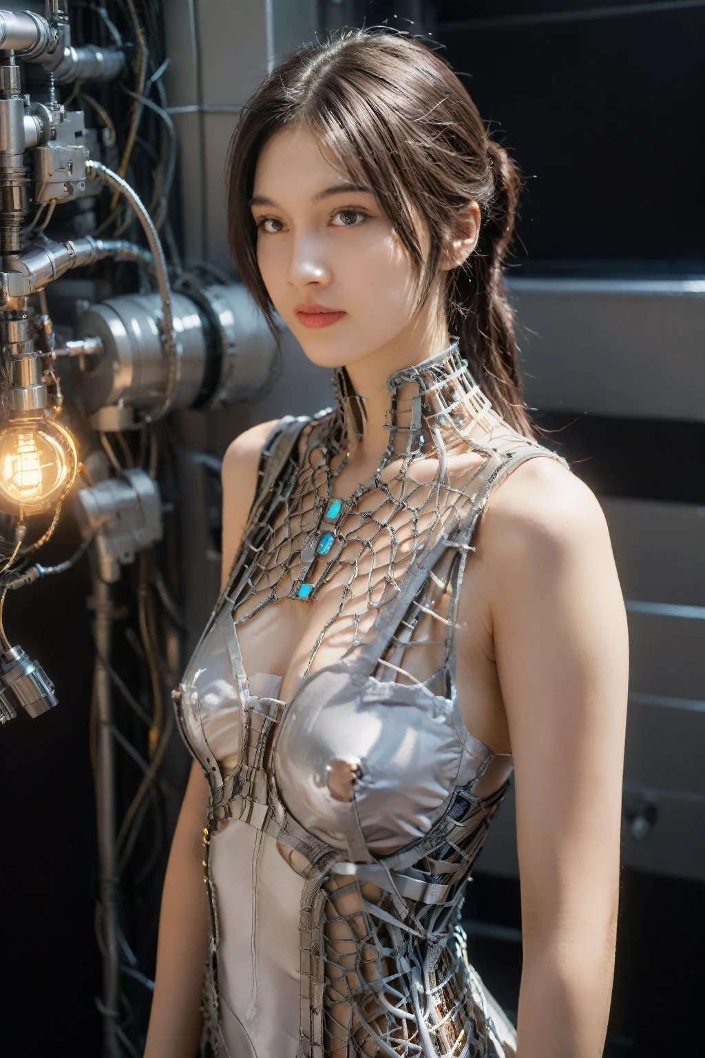 A portrait of a mechanical girl in stunning 8K resolution, meticulously detailed to the utmost realism. The scene is bathed in global illumination, casting intricate shadows that highlight the ornamental details of her metal form. Rendered with Octane rendering, the image boasts sharpness that reveals every intricate part of her construction. The color palette is cool and glowing, reminiscent of Egyptian artistry, with neon accents that add a futuristic flair. The mechanical girl's limbs and face are all machine, adorned with incredibly intricate details down to the smallest components. Her machine skin is a complex network of interconnected parts, including blood vessels merging seamlessly with tubes. She has machine hair and luminous mechanical vertebrae extending from her back, as well as a mechanical cervix attached to her neck, all emitting a soft glow. Standing amidst a sophisticated laboratory, she is connected to an intricate web of millions of wires and cables that link her head and body to various sophisticated equipment, creating a mesmerizing display of technological marvel. This composition is expected to trend highly on CGSociety for its exceptional realism and superlative attention to neon-lit and detailed mechanical elements. Looking at viewer