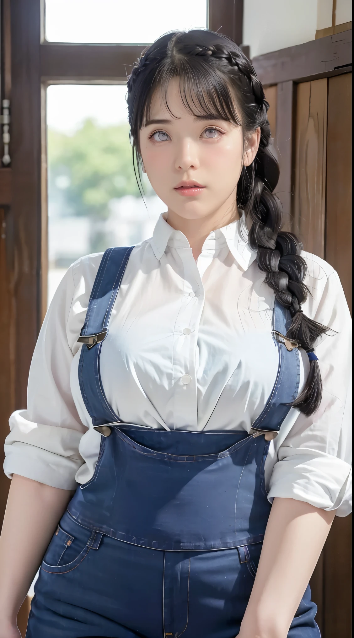 Masterpiece， best quality， Very detailed， illustration，1 girl，
long white hair，dark blue hair，french braid，purple eyes，smooth, blunt，rift，Big Breasted Shirt，（Jeans overalls：1.1），
Medium bust， 
looking at the audience，Hyukja/（Boruto/），detailed lips