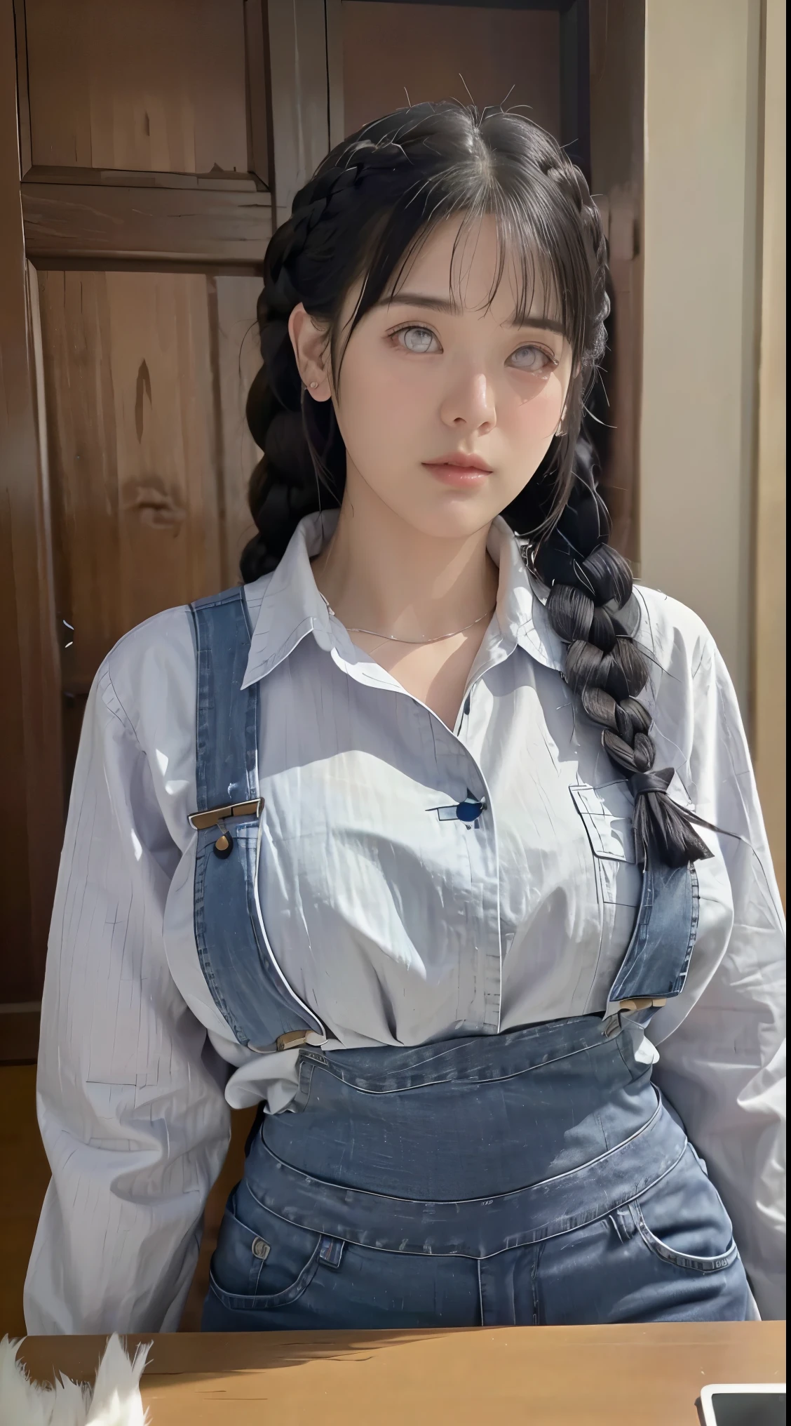 Masterpiece， best quality， Very detailed， illustration，1 girl，
long white hair，dark blue hair，french braid，purple eyes，smooth, blunt，rift，Big Breasted Shirt，（Jeans overalls：1.1），
Medium bust， 
looking at the audience，Hyukja/（Boruto/），detailed lips