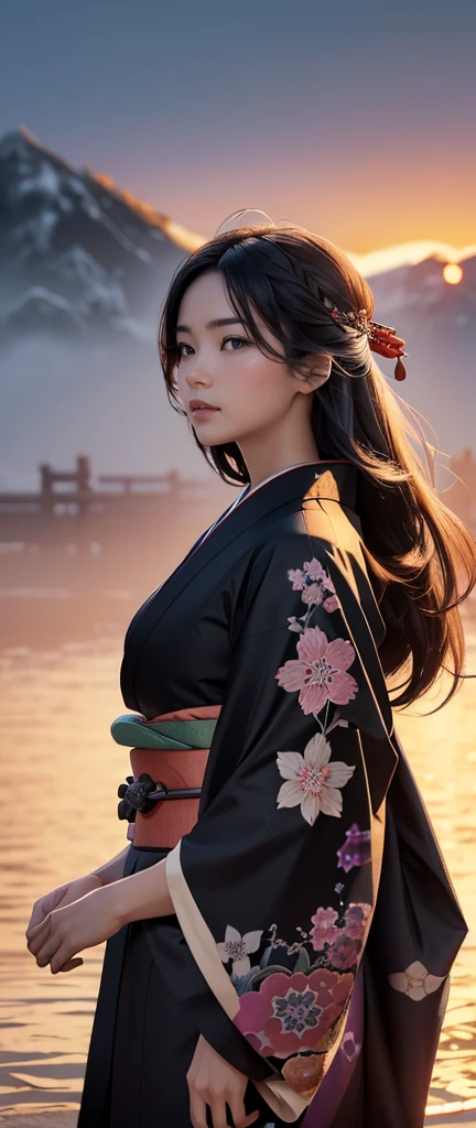 ((Masterpiece, best quality, very detailed), Volumetric light, surrounding occlusion, Rich and colorful, glow), 1 woman, , young girl, (Smooth black), long hair, radius, sacred, goddess, samurai Luke, (kimono:1.3), outdoor, sunset, sky, cloud, (Fantasy Theme:1.2), (full body:0.8)