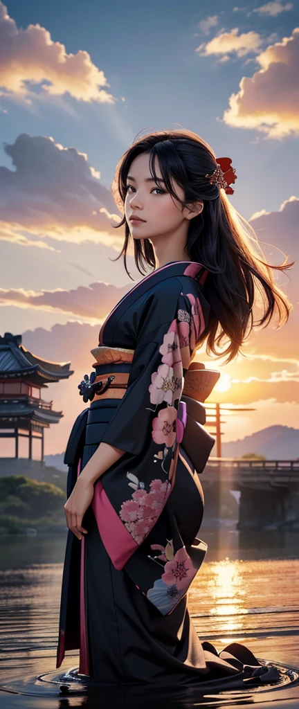 ((Masterpiece, best quality, very detailed), Volumetric light, surrounding occlusion, Rich and colorful, glow), 1 woman, , young girl, (Smooth black), long hair, radius, sacred, goddess, samurai Luke, (kimono:1.3), outdoor, sunset, sky, cloud, (Fantasy Theme:1.2), (full body:0.8)