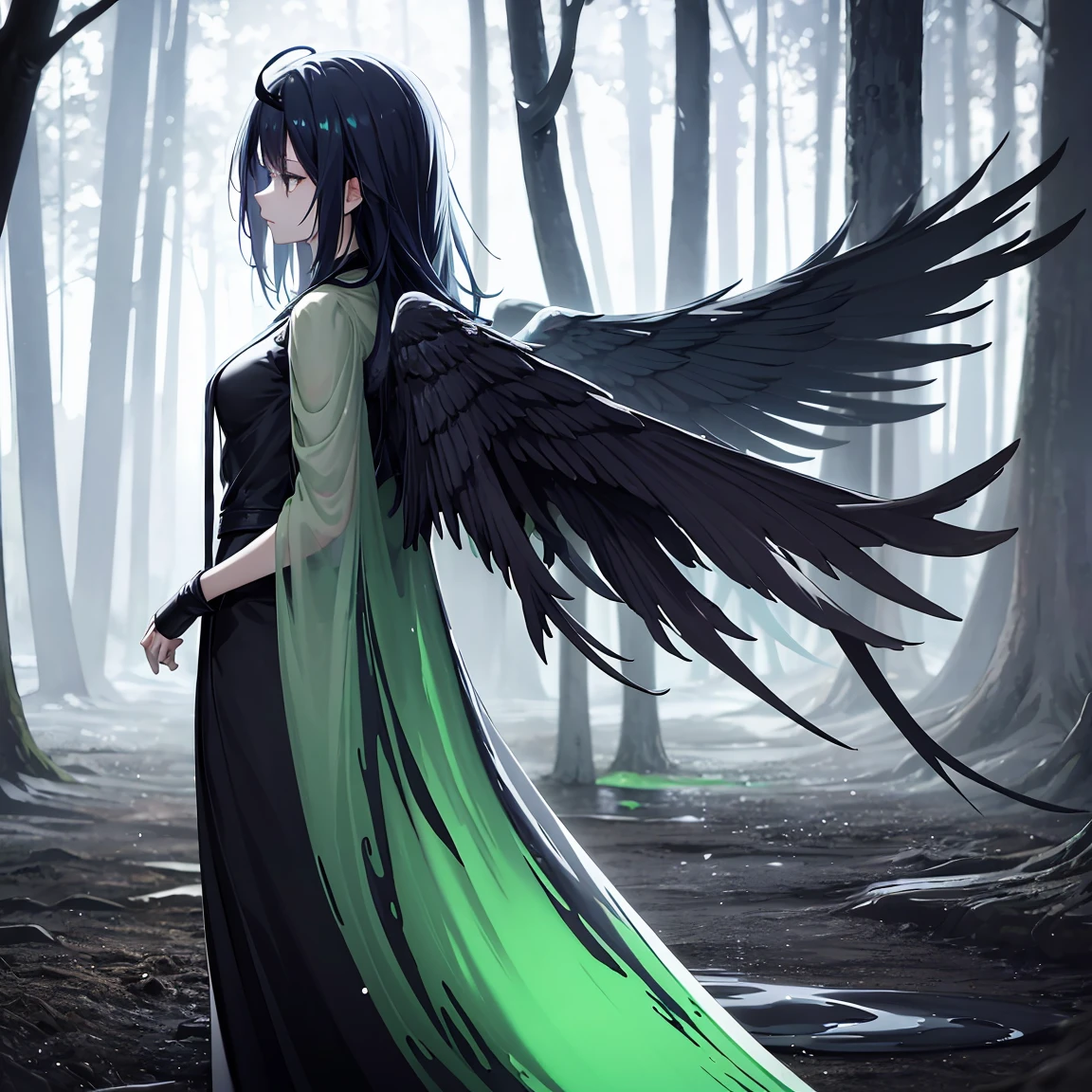 Slime androgyny,black hair, angel, wings made of slime, slime whiter,slime,mysterious, long wavy hair, dark with green highlights, dark celestial cloak with gradient from dark to neon green, ethereal flowing material, halo above head, standing pose, looking forward, serious gaze, pale smooth skin, shadowed forest background with silhouetted trees, low light from behind, soft shadows, eerie and mystical atmosphere, low angle, deep depth of field, sharp focus on subject, well-balanced exposure,ARCHANGEL SLIME.