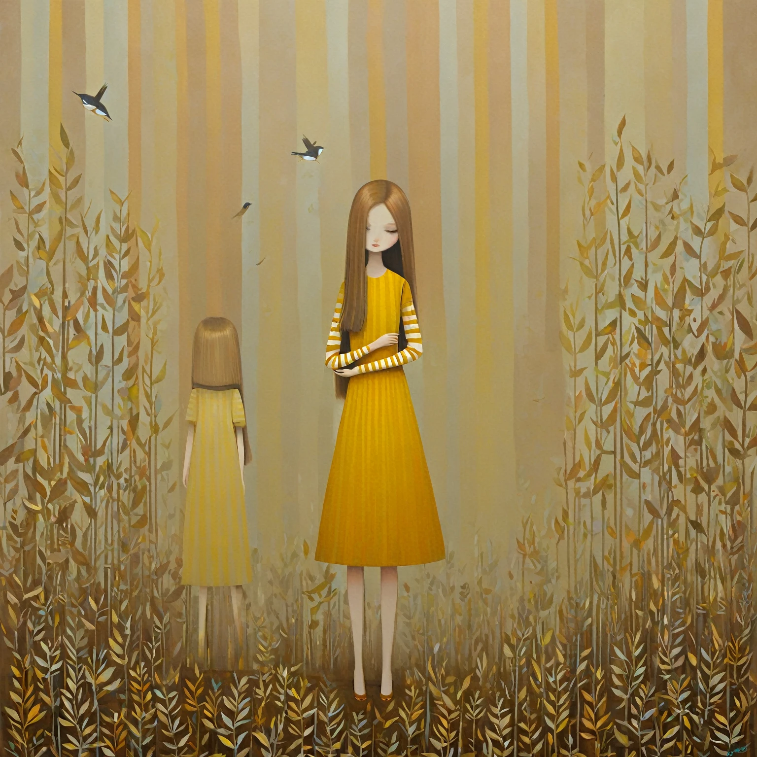 straight hair, long brown hair, patterned yellow and orange dress, Striped sleeves, natural pose, Standing position, look forward to, Smooth skin, stylized artistic background, abstract natural elements, birds, leaves, earthy tones, even lighting, Bestenevoy, calm and intriguing atmosphere, foreground, balanced exposure
