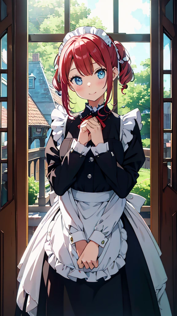 A majestic masterpiece of an anime scene unfolds: Within the grandeur of Roswaal's mansion, a lone maid stands alone, clad in her crisp uniform. Her striking cyan blue eyes sparkle as she gazes directly at the viewer, her short hair tied back by a red hairband with ribbon trim. A single bang falls across her forehead, framing her gentle smile. The focus shifts to her hands, which hold a delicate white bow adorned with frills, while black sleeves peek out from beneath her long apron. In the background, a window frames the serene indoor setting, as if reflecting the maid's own reflection.