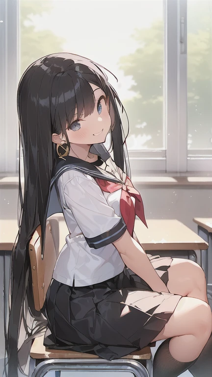 (Beautiful black hair:1.6),Long Hair,(Straight hair:2.0),high school girl,((boyish:1.8)),Dark Eyes,(tall),(scrawny),((A confident smile)),Medium Bust,(golden circle earrings),(Navy Blue,Cute Sailor Uniform,Checkered Pleated Skirt),BREAK,classroom,class,Sit on a chair,Shooting from the side,(look at viewer:1.5), profile,