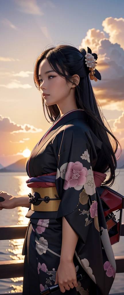 ((Masterpiece, best quality, very detailed), Volumetric light, surrounding occlusion, Rich and colorful, glow), 1 woman, , young girl, (Smooth black), long hair, radius, sacred, goddess, samurai Luke, (kimono:1.3), outdoor, sunset, sky, cloud, (Fantasy Theme:1.2), (full body:0.8)